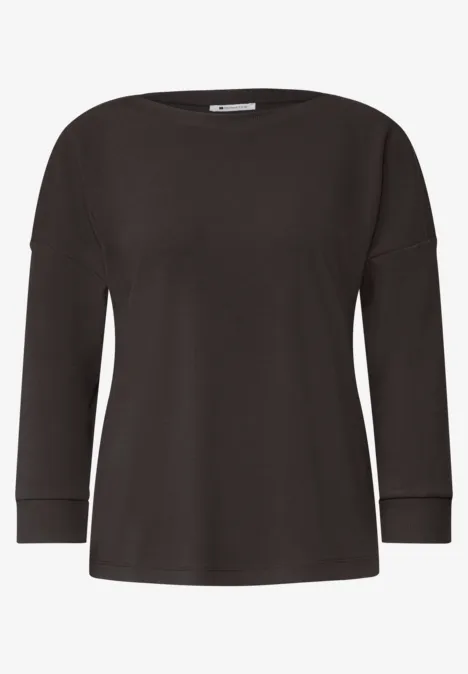 3/4-Arm Shirt mit Rippstrukturdetails black coffee Schwarzes Langarmshirt mit weitem Rundhals-Ausschnitt.