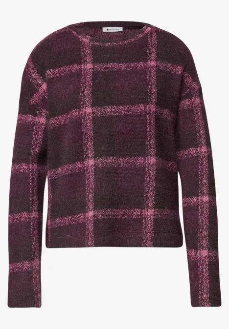 Paars trui met roze ruitpatroon, lange mouwen en ronde hals.