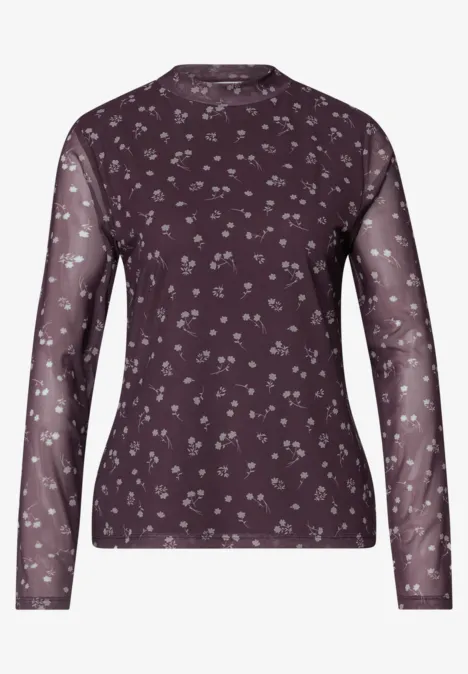 Lila, langärmliges Mesh-Oberteil mit feinem, weißem Blumenmuster.