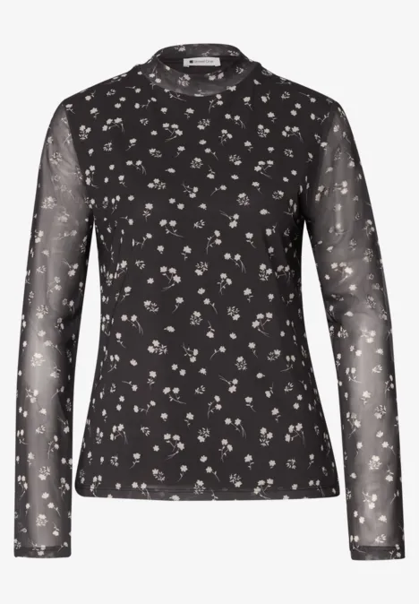 Langarm Mesh-Shirt mit Rundhals und Print black coffee Schwarzes, langärmeliges, leicht transparentes Shirt mit zarten weißen Blumenmustern.