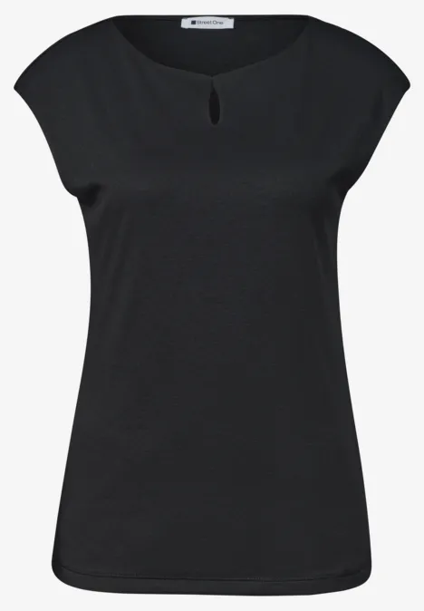 Shirt met afhangende schouders en uitsnijding Black Zwarte damesmouwloze top met ronde hals en subtiel keyhole-detail