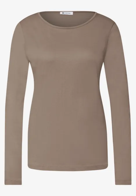 Basic Langarm Shirt in Unifarbe sanded amber Taupefarbenes Langarmshirt mit Rundhalsausschnitt für Damen.