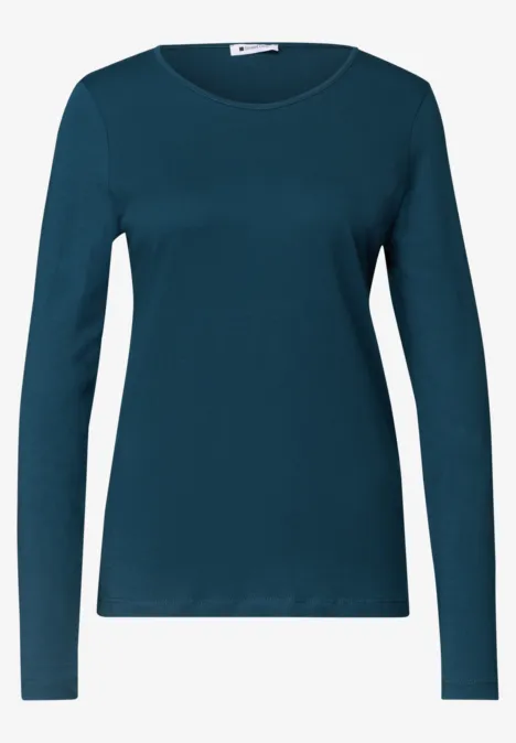 Dunkelgrünes, langärmeliges Damen-Shirt mit rundem Halsausschnitt und schlichtem Design.