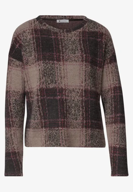 Lässiger Pullover mit kastigem Schnitt, kariertem Muster in Braun- und Rottönen, Rundhals und langen Ärmeln.