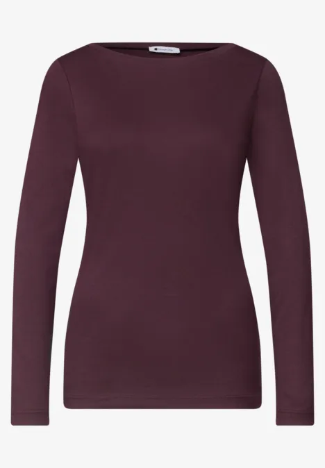Damenlangarmshirt in dunklem Violett mit Rundhalsausschnitt.