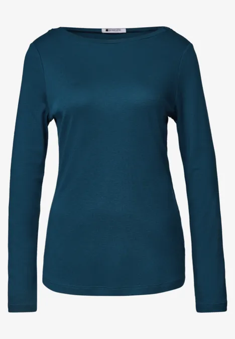 Effen, langärmelig shirt in petrolblauw met ronde hals.