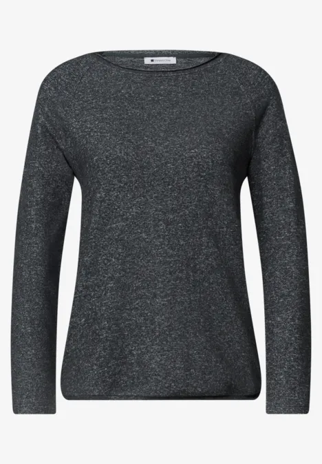Langarm Shirt mit Rundhals und Rollkante armor grey mel. Dunkelgrauer Langarm-Pullover mit feinem Glitzereffekt und Rundhalsausschnitt