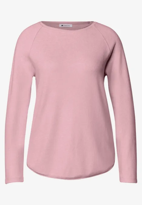 Rosa Langarmshirt aus weichem Stoff mit rundem Halsausschnitt und abgerundetem Saum.