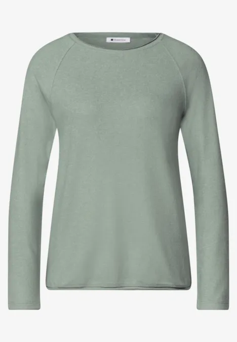 Langarm Shirt mit Rundhals und Rollkante eucalyptus green mel. Ein grüner, langärmeliger Damenpullover mit Rundhalsausschnitt.