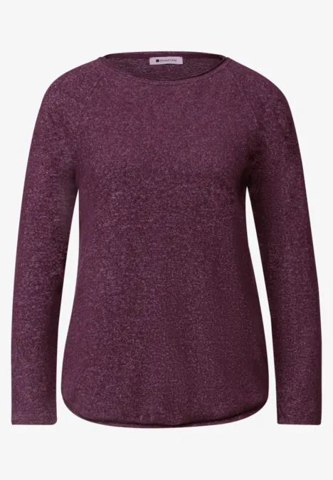 Damesshirt met lange mouwen, pruimkleur, ronde hals en subtiele glansafwerking.