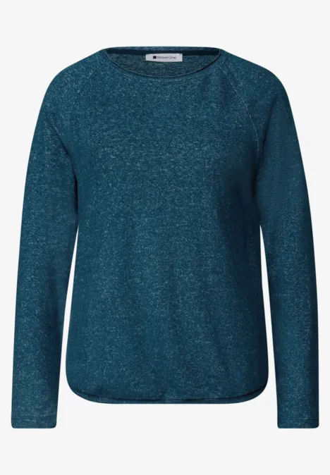 Donkerblauwe gemêleerde trui met ronde hals en lange mouwen.
