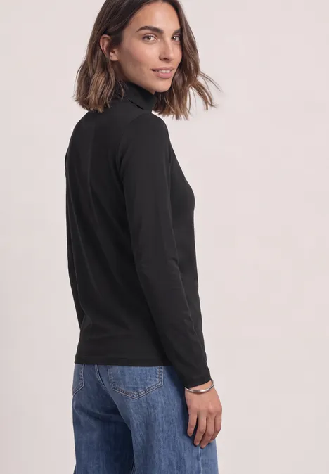 Langarm Shirt in Unifarbe mit Rollkragen Black Langarm Shirt in Unifarbe mit Rollkragen Black