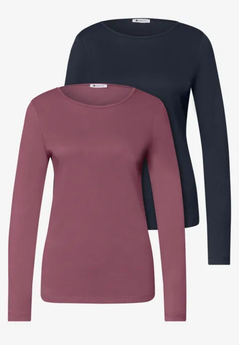 Langarm Shirts mit Rundhals im 2er-Pack darkest blue/dark clouded b. Zwei schlichte Langarm-Shirts in Mauve und Marineblau mit Rundhalsausschnitt auf weißem Hintergrund.