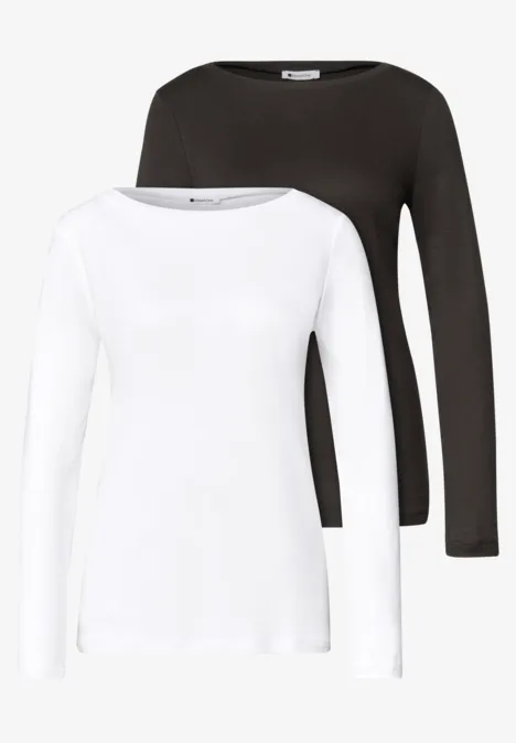 Shirts met lange mouwen en boothals, in een set van 2 off white/black coffee Zwei langärmlige T-Shirts, eins in Weiß und eins in Schwarz, schlichtes, enganliegendes Design.