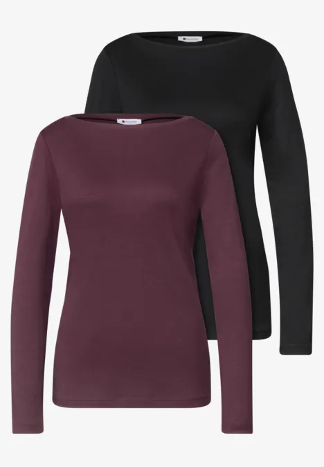 Langarm Shirts mit Boat Neck im 2er-Pack black/rustic rouge Zwei schlichte, taillierte Langarmshirts in Schwarz und Dunkelrot.