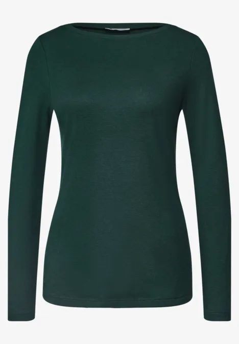 Een donkergroene, effen dames longsleeve zonder patroon.