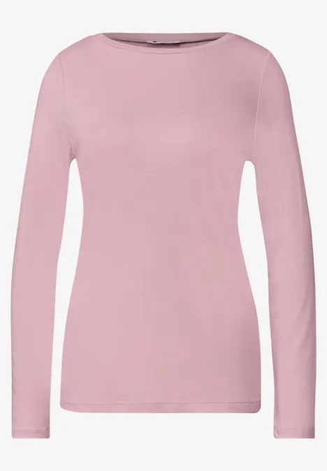 Schlichtes, rosafarbenes Langarmshirt für Damen mit Rundhalsausschnitt.