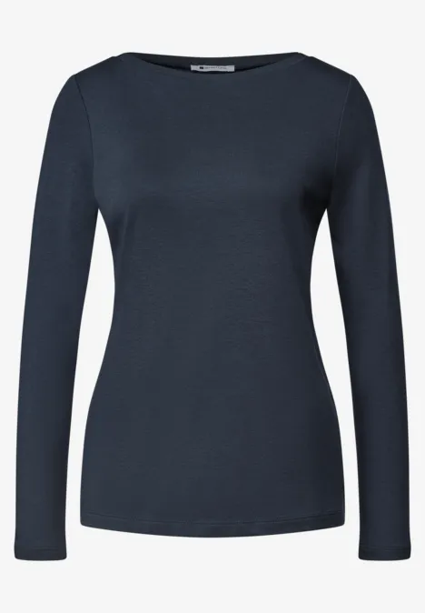 Donkerblauw, effen langarmshirt met ronde hals.
