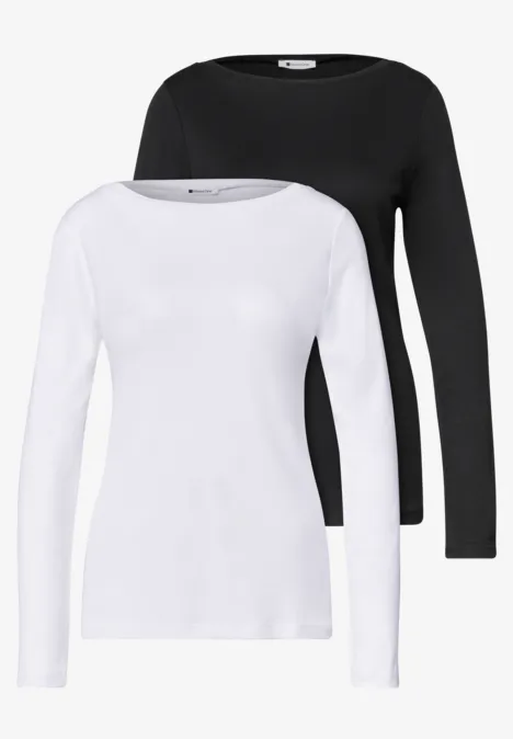 Shirts met lange mouwen en boothals, in een set van 2 stuks white/black Zwei unifarbene Langarmshirts, eins weiß und eins schwarz, mit Rundhalsausschnitt.