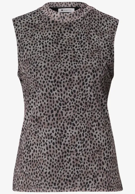 Ärmelloses Top mit dezentem Leopardenmuster in Grau und Braun.