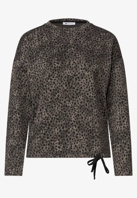 Shirt met lange mouwen, ronde hals en patroon Black Longsleeve im Leo-Print mit Rundhalsausschnitt und seitlicher Schnürung am Saum.