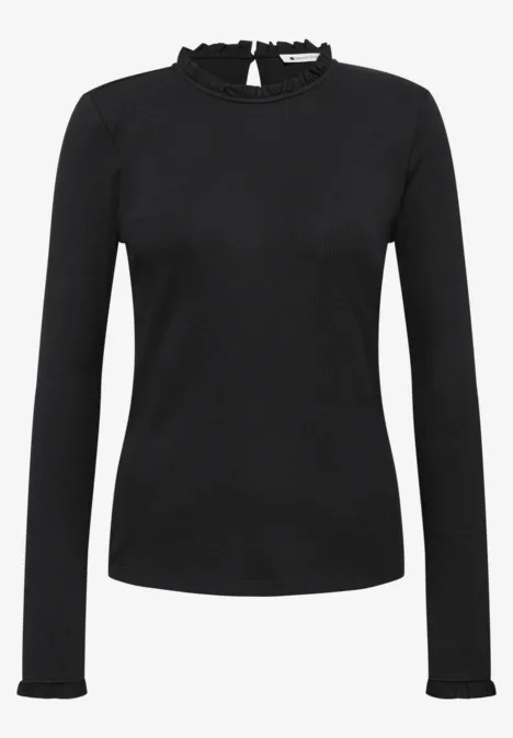 Schwarzes Langarmshirt mit Rüschenkragen und schmaler Passform.