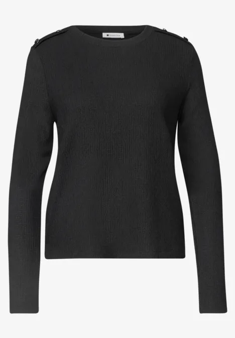 T-shirt à manches longues texturé et boutonné Black Pull noir à manches longues avec épaulettes, sobre et élégant.
