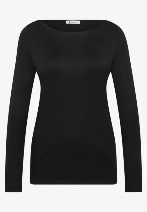 T-shirt basique à col bateau Black Schwarzes, schlichtes Langarmshirt mit Rundhalsausschnitt.