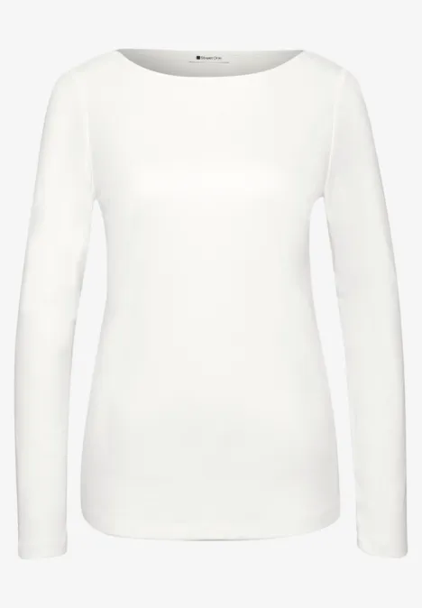 T-shirt à manches longues blanc uni en mélange de coton, col rond.