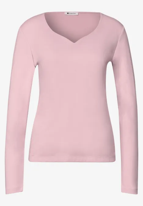 Leichter rosa Langarmpullover mit V-Ausschnitt für Damen, einfarbig und schlicht.