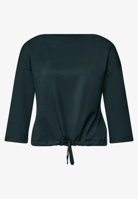 3/4-Arm Shirt mit Boat Neck und Tunnelzug stormy green Dunkelgrüne Bluse mit 3/4-Ärmeln und Tunnelzug am Saum