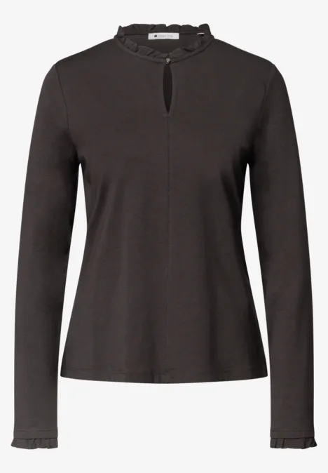 Basic Shirt met ruches en een uitsnijding black coffee Dunkles Langarmshirt mit femininem Rüschenkragen, kleinem Brustschlitz und feinen Rüschen an Ärmeln und Bund.