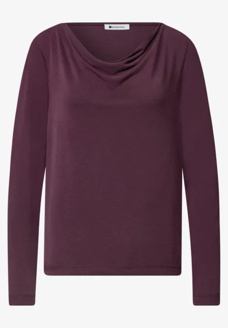 Paars shirt met lange mouwen en watervalhals, smal model, eenvoudig en stijlvol.