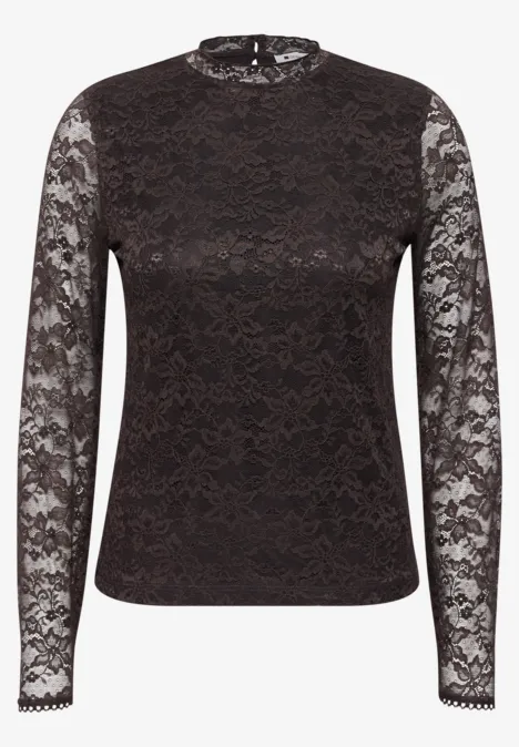 Zwart kanten shirt met lange mouwen, hoge kraag, nauwsluitende pasvorm.