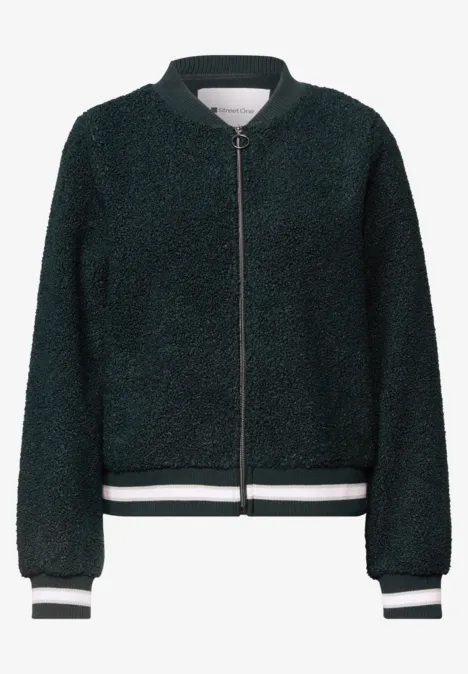 Donker groene Teddy-Fleece bomberjas met rits en gestreepte boorden.