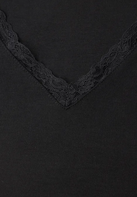 T-shirt à manches longues, col en V et détail en dentelle Black Schwarzes Top aus feinem Stoff, V-Ausschnitt mit Spitzenbesatz.