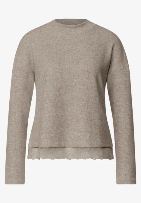 Langarm Shirt mit Rundhals und Spitzenborte sanded amber mel. Beiger Langarm-Pullover mit Rundhalsausschnitt und gewelltem Saum
