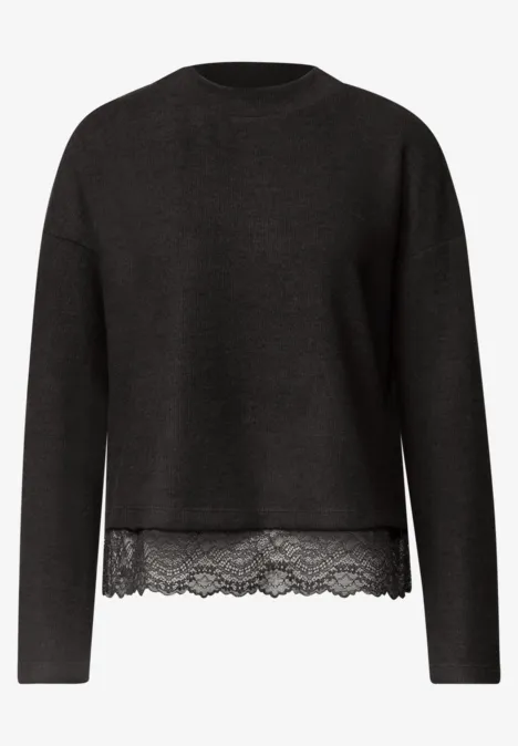 Langarm Shirt mit Rundhals und Spitzenborte black coffee mel. Schwarzer Pullover mit langen Ärmeln und Spitzenbesatz am Saum