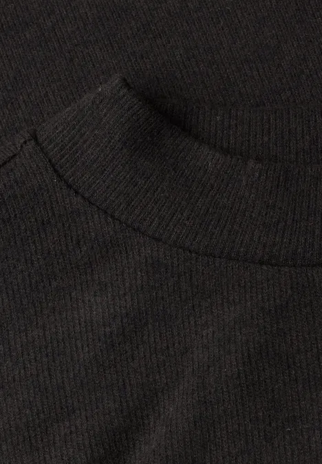 Langarm Shirt mit Rundhals und Spitzenborte black coffee mel. Schwarz-grauer Strickpullover mit Rollkragen, enge Maschen, weicher Stoff
