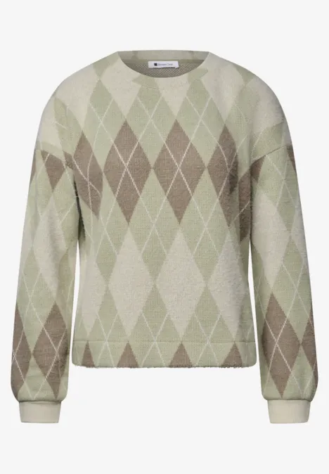 T-shirt à manches longues, col rond et motif à carreaux eucalyptus green Pastellgrüner Strickpullover mit beigen und weißen Rautenmuster im Argyle-Stil, langärmelig, gerader Schnitt.