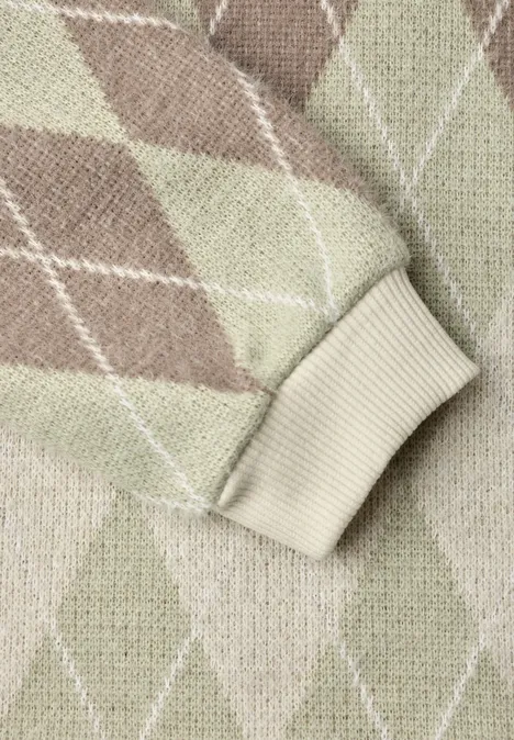 T-shirt à manches longues, col rond et motif à carreaux eucalyptus green Nahaufnahme eines argylegemusterten Pullovers in sanften Grün- und Beigetönen.