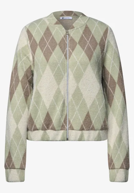 Langarm Blouson mit Karomuster eucalyptus green Kurz geschnittener Strick-Cardigan mit Zipper und Rautenmuster in Grün- und Beigetönen.