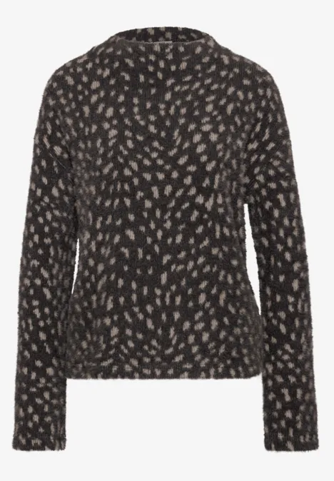 Zwarte trui met lange mouwen en beige abstract bladmotief, casual pasvorm