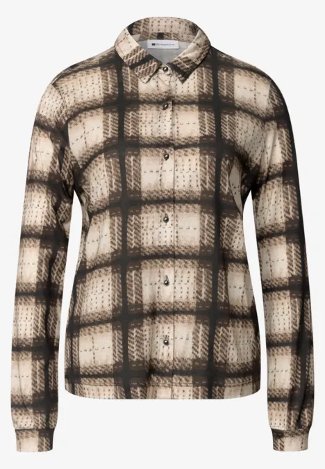 Langarm Jersey Shirt im Blusen-Look sanded amber Langarm-Hemd mit creme-braun kariertem Muster und klassischem Kragen.