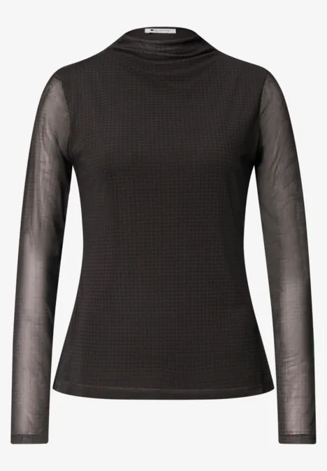 T-shirt en mesh à col roulé froncé black coffee Schwarzes, transparentes Langarmshirt mit hohem Rundhalsausschnitt und feinem Mesh-Gewebe.