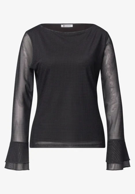 Shirt aus Mesh mit langen Volant-Ärmeln black coffee Schwarzes, langärmeliges Mesh-Shirt mit transparenten Ärmeln und dezentem Karomuster.