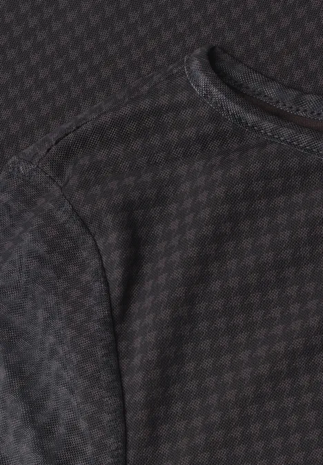 Shirt aus Mesh mit langen Volant-Ärmeln black coffee Detailaufnahme eines dunkelgrauen Oberteils mit feinem Hahnentrittmuster und Rundhalsausschnitt.