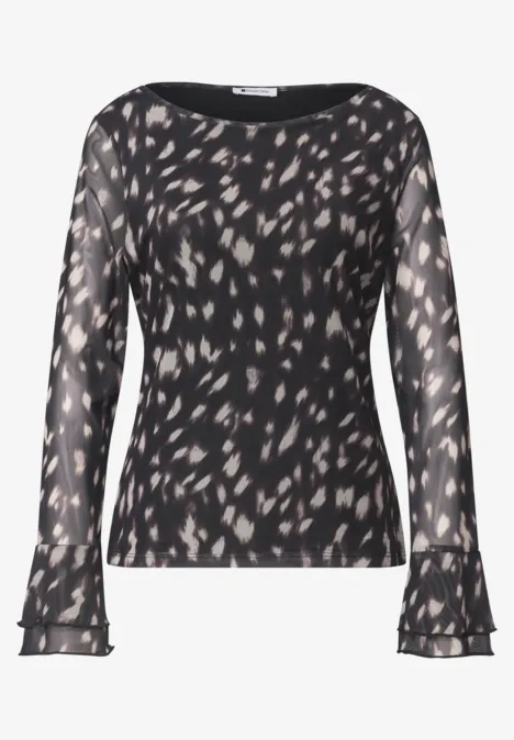 Shirt aus Mesh mit langen Volant-Ärmeln Black Schwarze, teils durchsichtige Bluse mit beigefarbenen Tupfen, langen Ärmeln und ausgestellten Manschetten