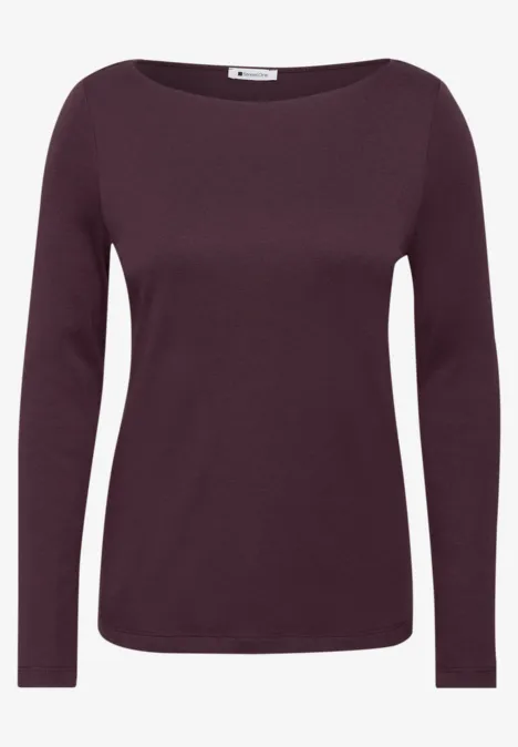 Bordeaux damesshirt met lange mouwen en ronde hals, eenvoudig en strak design.