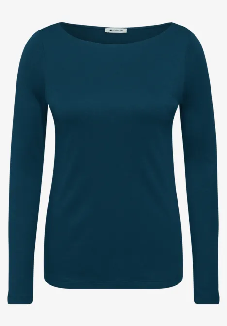 Simpel damesshirt met lange mouwen in diep petrolblauw en ronde hals.